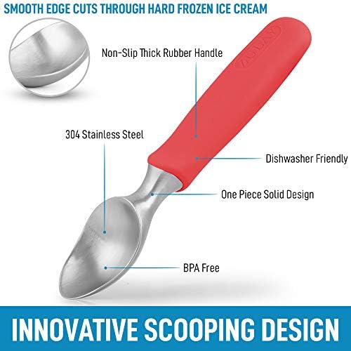 Zulay Heavy Duty Ice Cream Scoop - Stainless Steel Ice Cream Scooper With Non-Slip Rubber Grip - Durable Ice Cream Spade - Anti-Thaw Icecream Scoup For Frozen Ice Cream & Gelato (Red)