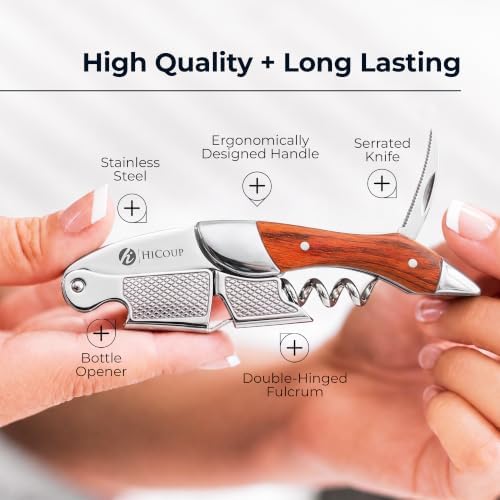 Hicoup Wine Opener - Professional Corkscrews for Wine Bottles w/Foil Cutter and Cap Remover - Manual Wine Key for Servers, Waiters, Bartenders and Home Use - Pakkawood & Steel
