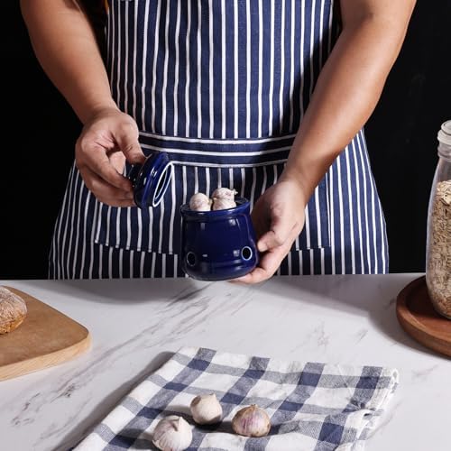 Ceramic Garlic Keeper with Lid, Mini Garlic Saver Container for Countertop, Kitchen Decor (Navy)