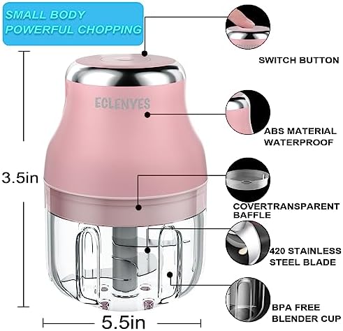Vegetable Chopper, Electric Garlic Chopper, 250ML USB Rechargeable Mini Blender, Powerful Small Food Processor, Blender to Vegetable, Wireless Food Cutter for Ginger, Chili, Fruit, Meat, etc（Pink）