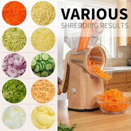 Upgrade Rotary Cheese Grater Shredder with Handle, Strong Suction Base, Multi-purpose Rotary Grater Slicer with 5 Interchangeable Blades for Ice, Vegetables, Fruit, Nuts with Blade Storage Box