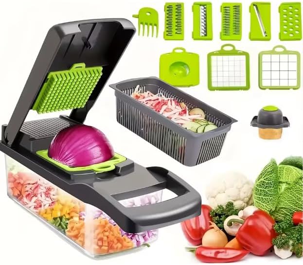 14-in-1 Vegetable Chopper with Container – Onion Chopper, Dicer, Slicer & Grater, Food Chopper with Stainless Steel Blades, BPA-Free, Easy Clean, Green