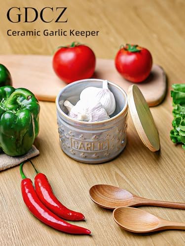 GDCZ Garlic Keeper with Lid, Ceramic Garlic Holder, 4.3 Inch (Grey)