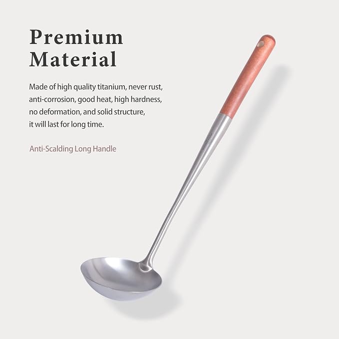 iBasingo&Boundless Voyage Titanium Soup Ladle Durable Rust Proof With Wood Handle Soup Serving Spoon Ladles for Cooking Gravy Sauces US-Ti5004P