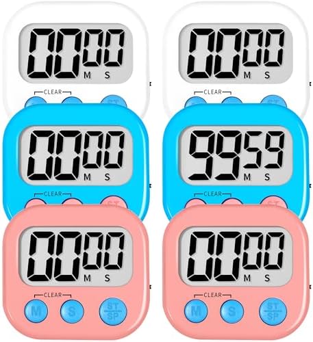 ZILLEEN Digital Kitchen Classroom Timers for Kids Cooking 6pcs Wht Blu Pk