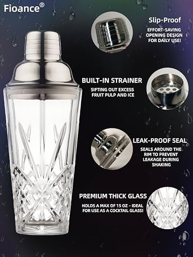 Glass Cocktail Shaker, 15oz Cutting Design - Exquisite Martini Shaker for Elevated Mixology. Perfect for Christmas, Hoiday, BBQ,Outdoor Party,Spring, Summer (Drink Shaker & Gold Pourer)