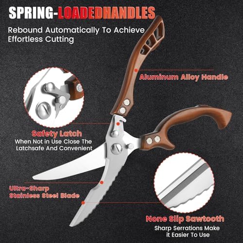 ANDONG Kitchen Scissors, Heavy Duty Professional Poultry Shears, Stainless Steel Spring Loaded, Dishwasher Safe, with Black Leather Sheath