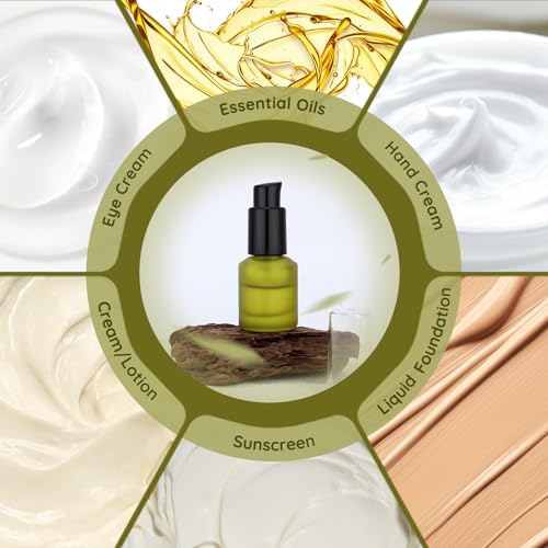 Segbeauty 0.5oz Frosted Glass Travel Size Containers for Lotions, 3pcs Mini Empty Lotion Bottles Pump Dispenser Refillable, 15ml Green Travel Containers for Creams, Small Hair Oil Pump Bottle Liquids