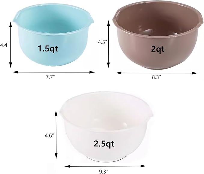 Nesting Plastic Mixing Bowls, Set Of 3, 1.5 quart, 2 quart, 2.5quart, Nesting Bowls with Non Slip Base and Easy Pour Spout, Dishwasher Safe