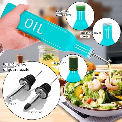 Olive Oil Dispenser Bottle,2 Pcs 17oz 500ml Glass O il and Vinegar Dispenser Set with 2 Stainless Steel Pourers, 8 Labels,Funnel Vinegar Bottles for Kitchen (Turquoise Oil & Yellow Vinegar)