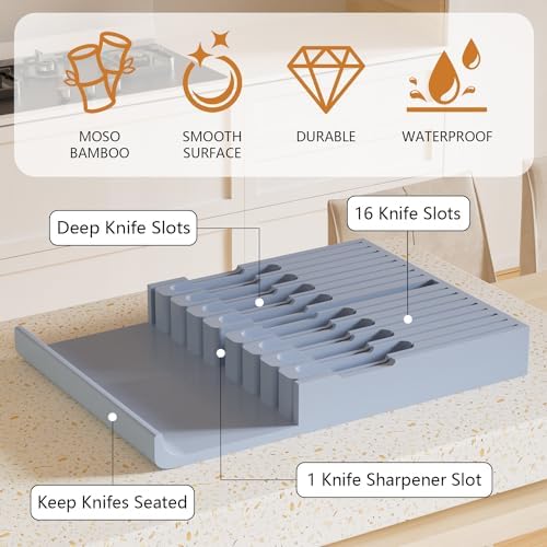 Domax Knife Drawer Organizer Insert Bamboo for 16 Knives, Gray