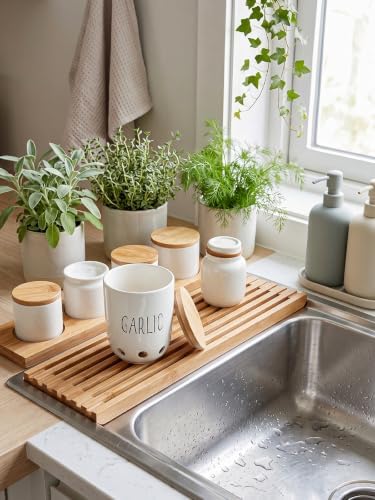 Ceramic Garlic Saver Container with Wood Lid (White)