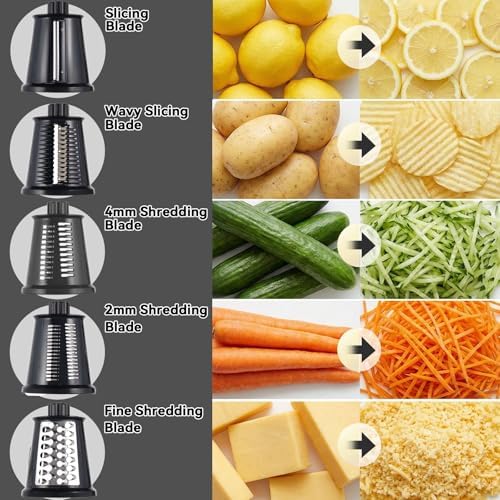 Upgrade Rotary Cheese Grater Shredder with Handle, Strong Suction Base, Multi-purpose Rotary Grater Slicer with 5 Interchangeable Blades for Ice, Vegetables, Fruit, Nuts with Blade Storage Box