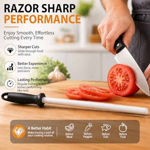 10-in Ceramic Honing Rod, 1200 Grit Knife Sharpener Rod for Kitchen Knives