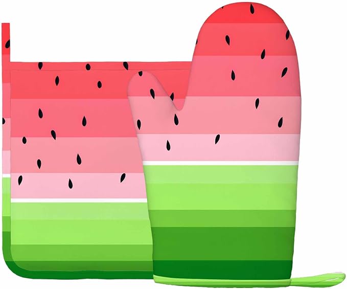 Mxocom Watermelons Oven Mitts and Pot Holders Sets Summer Fruit Watermelon Slice with Black Seeds Red Green Stripes Silicone Heat Resistant Kitchen Oven Gloves Pot Holder for Cooking