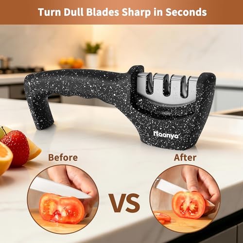 3-Stage Knife Sharpener with Cut-Resistant Glove - Restores, Refines, and Polishes Knife Edges; Ergonomic, Ambidextrous Handle with Non-Slip Base (Granite Black)