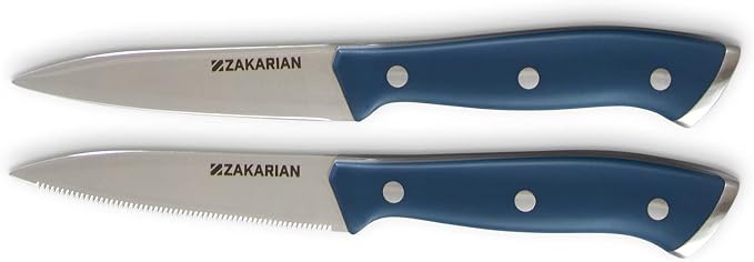 Zakarian by Dash 2 Piece Chef Grade German Steel Paring Knife Set with Smooth and Serrated Blades for Chopping, Dicing, Mincing, Slicing and More – Blue