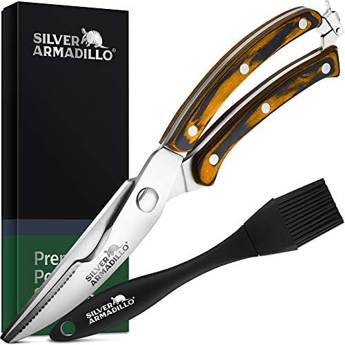 Heavy Duty Poultry Shears - Professional Stainless Steel Kitchen Scissors for Chicken, Meat, & Bone - Spring Loaded Food Shears with Ergonomic Brown Wooden Handle