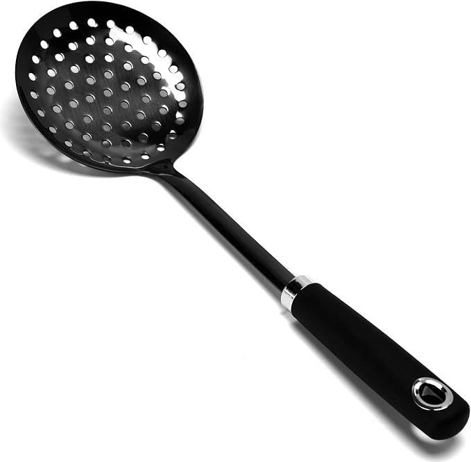 Black Stainless Steel Skimmer Spoon, Metal Slotted Spoon Strainer for Frying, Pasta, Vegetables, Dumplings, Wontons, Long Handle, Dishwasher Safe