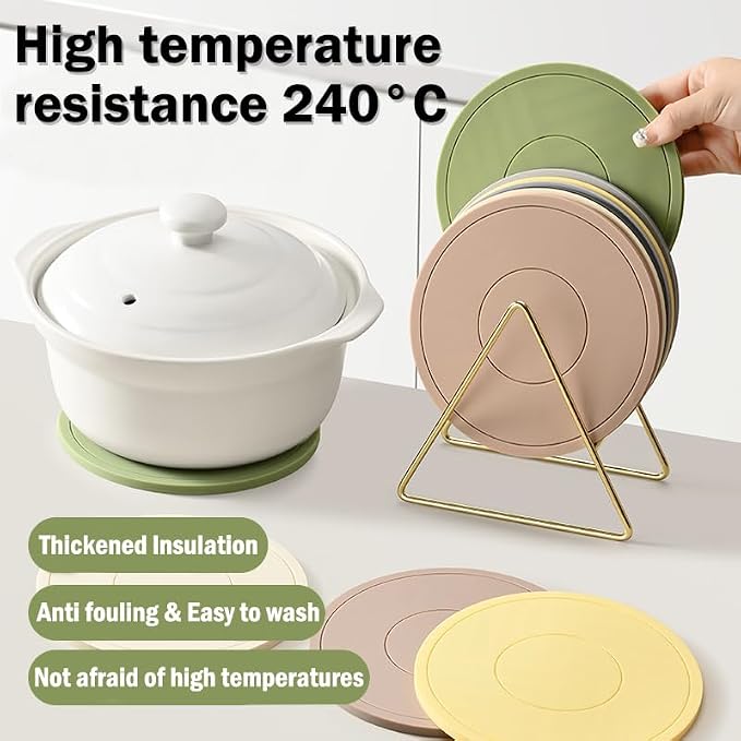H&W 6Pcs Thickened Pot Holders, Silicone Trivets, with 1 Triangle Holder | Non-Slip Heat Resistant Pads, for Kitchen Hot Pots and Pans(6 Colors)