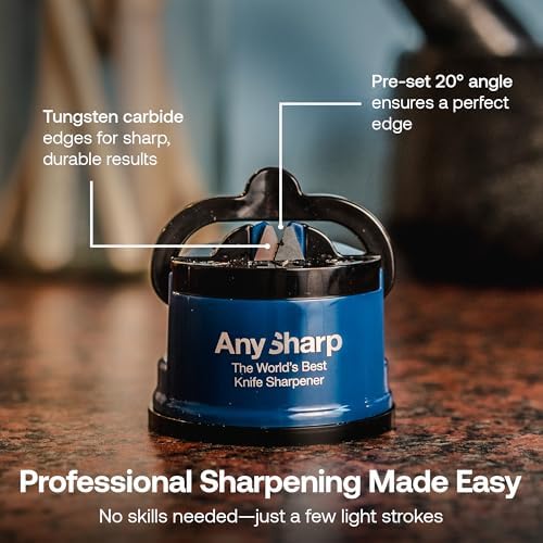 AnySharp – Editions – Hands Free Knife Sharpener - Easy to Use Sharpening Tool with PowerGrip Suction Base and 20-Degree Pre-Set Angle - for All Knives: Chef's, Serrated, and Hardened Steel - Blue