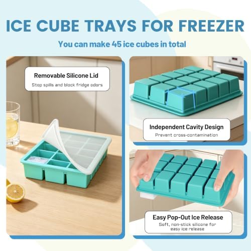 Ice Cube Tray with Lid, 3 Pack 45 Cubes Silicone Stackable Ice Cube Trays for Freezer with Removable Lids, Easy Release & BPA Free Molds for Whiskey, Cocktail, Coffee, Green Matte