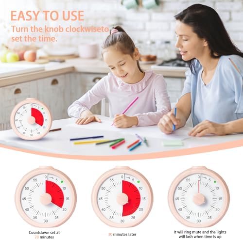 Visual Timer for Kids 60 Minute Countdown Timer for Classroom Study Office Kitchen with Silent Operation RoundTimer (Pink)