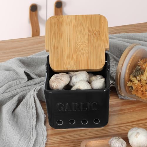 ONTUBE Garlic Keeper with Lid, Ceramic Garlic Holder Storage 4.7-Inch (Black)