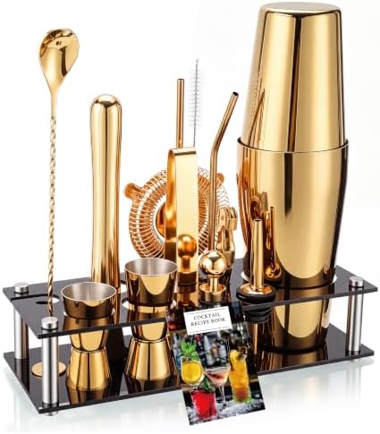 Boston Cocktail Shaker Set, 18 oz & 28 oz 2-Piece Tins, 304 Bartender Kit 15-Piece Bar Tool Set with Acrylic Stand & Recipe Book, for Novices & Pros, Home and Bar Use (Gold)