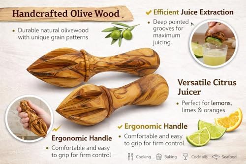 Zuluf Olive Wood Citrus Reamer Set of 2, Handcrafted Wooden Lemon Juicer and Lime Squeezer with Ergonomic Handle, Deep Grooves Manual Juice Extractor for Oranges, Natural Kitchen Tool