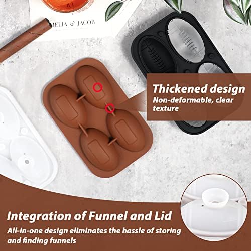 Kamehame Football Ice Cube Mold Set of 2, Silicone Football 3D Ice Ball Mold Tray for Whiskey, Cocktails, Superbowl Drinks, Black & Coffee, Oval Silicone Molds with Funne