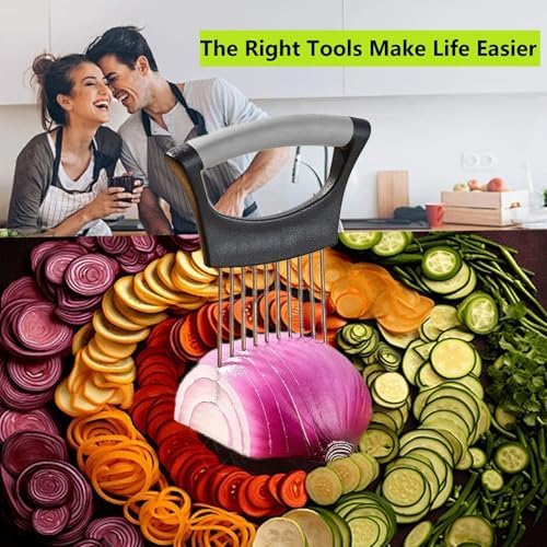 Upgraded Stainless Steel Lemon Slicer Onion Cutter, Onion Holder for Slicing, Vegetable Cutter Kitchen Chopper Slicing Assistant Tool for Potato and Tomato Avocados Eggs Meat (1, Black Grey)
