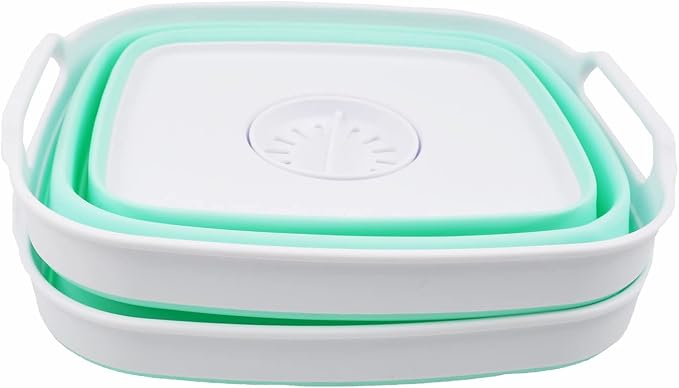 SAMMART 7.5L (2 Gallons) Collapsible Dishpan with Draining Plug - Foldable Washing Basin - Portable Dish Washing Tub - Space Saving y (White/Light Green (Set of 2), 2)