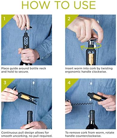 True Self Pulling Corkscrew Wine Opener, Durable Plastic with Easy Turn Chrome Handle, Wine Bottle Opener for Bartenders, Home Bar Tools, Bar Cart Accessories, Kitchen Essentials, Set of 1, Black