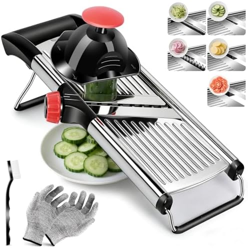 Masthome Adjustable Mandoline Slicer, Thin to 9mm Slice, 4.5mm & 9mm Julienne - Vegetable Cutter for Potato Carrot Onion - Stainless Steel - with Glove & Brush (Red)
