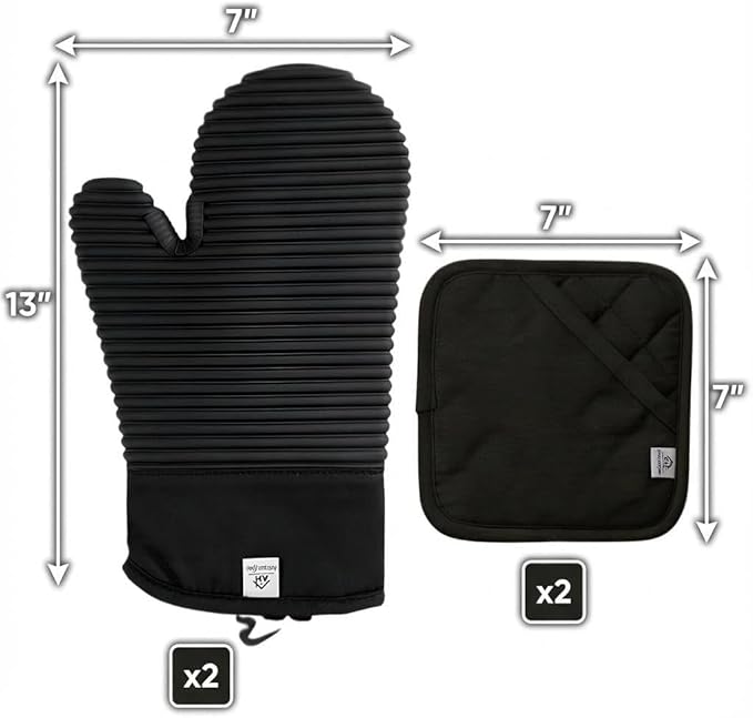 Silicone Oven Mitts and Pot Holders Set, 4-Piece | Extra Long Heat Resistant 500°F, Non-Slip Waterproof Oven Gloves with Quilted Cotton Lining | BPA-Free Hot Pads for Baking, Grilling & Cooking