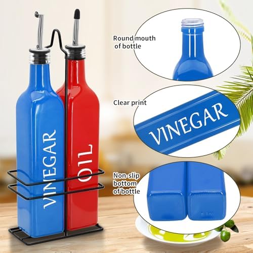 Farmhouse Oil and Vinegar Dispenser Set, 17 oz, beautiful olive oil dispenser, includes a black steel rack and a funnel, vintage cruets for vinegar and oil (Red Oil & Blue Vinegar)