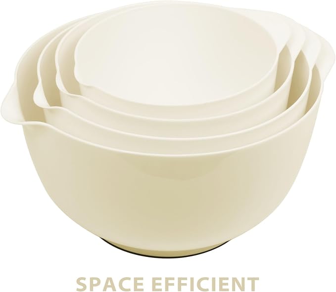 BoxedHome 4.5 Quart Large Plastic Mixing Bowls set with Pour Spout, Beige | BPA-Free Plastic, Microwave & Dishwasher Safe, 4-Piece (1.7, 2.5,3.5 & 4.5 Qt),Nesting Bowls for Space Saving Storage