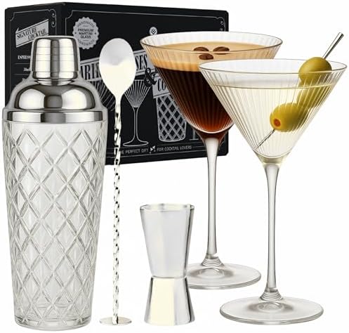 VEMACITY Silver Cocktail Shaker Set + 2 Ribbed Martini Glasses & Bar Tools