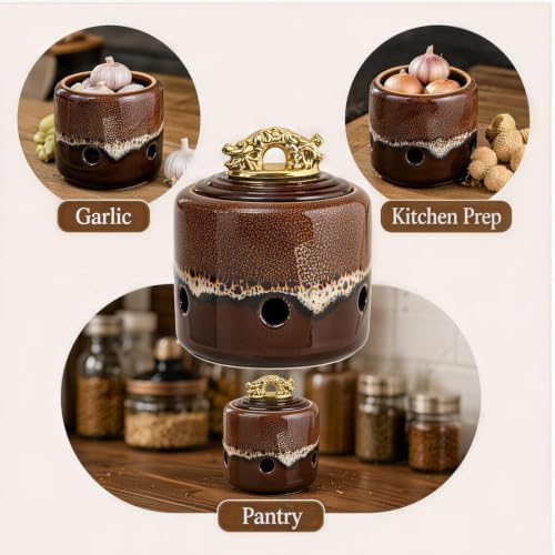 Ceramic Garlic Keeper with Lid, Garlic Storage for Kitchen Counter