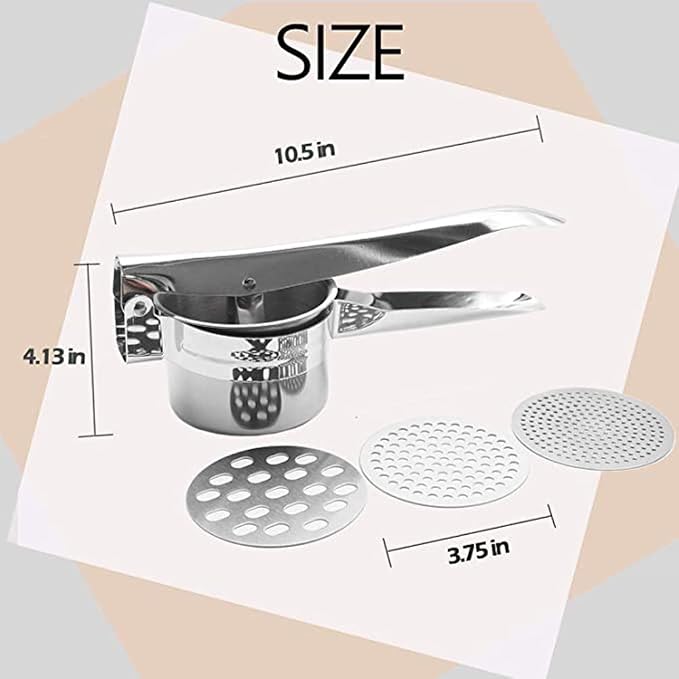 Premium Stainless Steel Potato Ricer Set with 3 Ricing Discs (Fine, Medium, Coarse) - Manual Masher, Baby Food Strainer, and Food Press with Ergonomic Comfort Grip. Dishwasher Safe