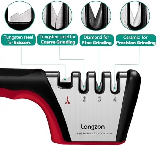 Longzon 5-in-1 Knife Sharpener 4 Stage with Cut-Resistant Glove, Black+Red