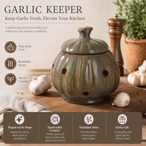Ceramic Garlic Keeper Storage Holder Jar with Lid, Kitchen Countertop Large Garlic Canister Cellar Saver Holder Crock Container. (Green)