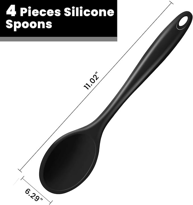 GEEKHOM Silicone Cooking Spoons, 4 Pieces 11" Heat Resistant Silicone Kitchen Utensils Set Large Serving Stirring Spoons for Non Stick Cooking, Mixing, Basting, Baking, Red