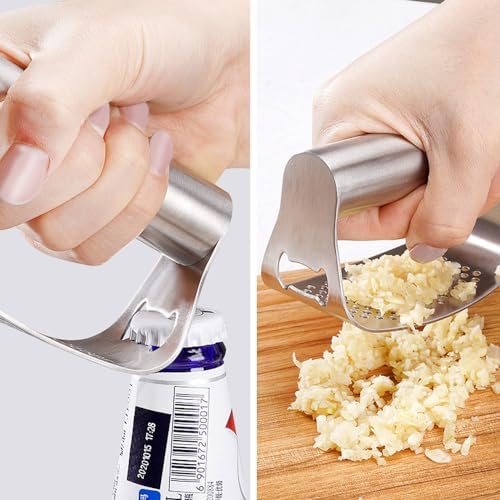 Garlic Press Garlic Presser,2026 Stainless Steel Garlic Presser Bottle Opener Mincer Crusher with Peeler and Cleaning Brush,Multifunctional Kitchen Gadget Garlic Mincer for Woman (A/2PCS)