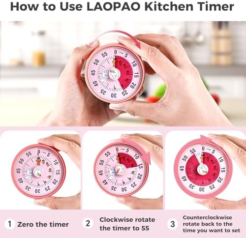Kitchen Timer, Kitchen Countdown Cooking Reminder No Battery Required Magnetic Time Management Timer, Pink