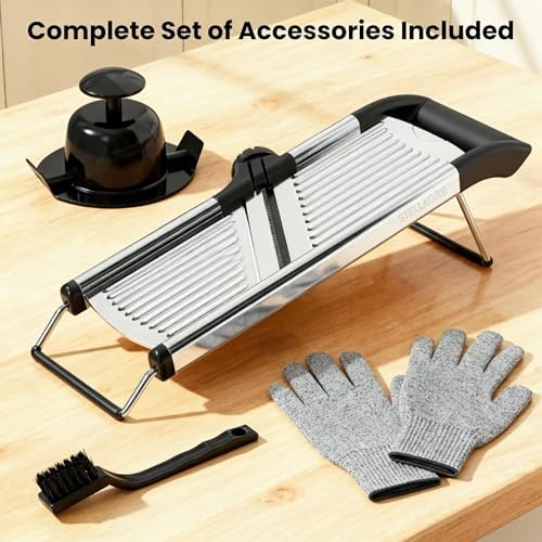 Mandoline Slicer for Kitchen, Adjustable Vegetable Slicer with Julienne Blade, Stainless Steel Food Cutter with Hand Guard for Potatoes, Cucumbers, Onions & Meal Prep