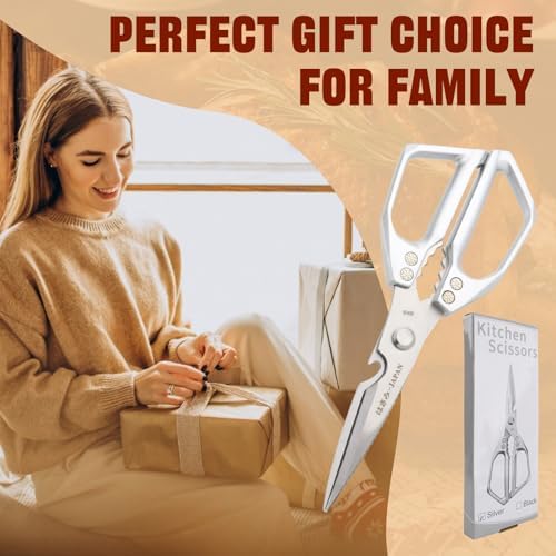 Kitchen Scissors, Heavy Duty Stainless Steel Kitchen Shears, Sharp Silver Meat Scissor, All-Purpose Poultry Scissors, Japanese-Style Cooking Shears for Turkey, Chicken, Thanksgiving, Christmas