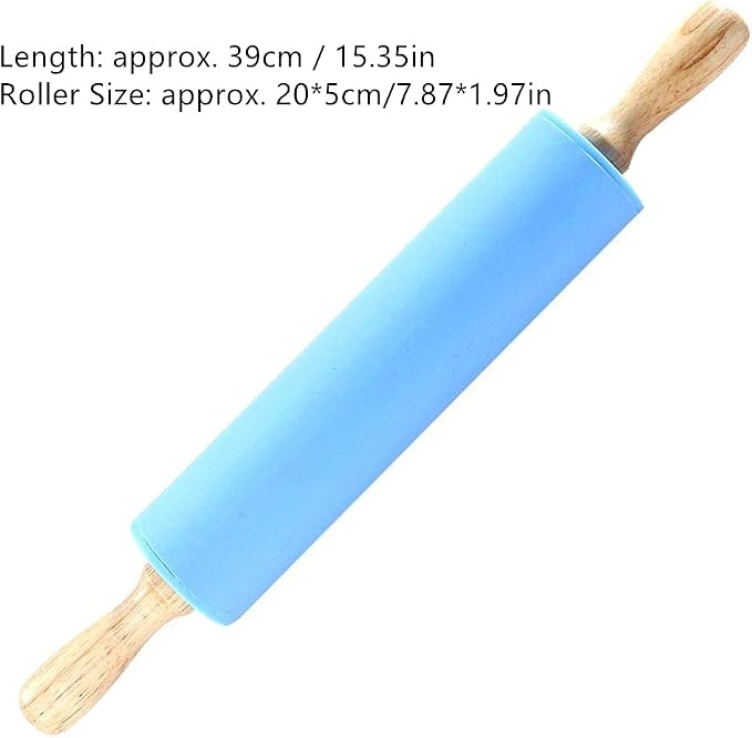 Large Wooden Silicone Rolling Pin Kitchen Handle Revolving Non-stick Dough Pastry Baking Tool(BLUE)
