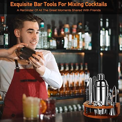 Bartender Kit Cocktail Shaker Set, Perfect Home Bartending Kit with Stylish Stand, 25oz Stainless Steel Martini Shaker with Cocktail Recipes Booklet